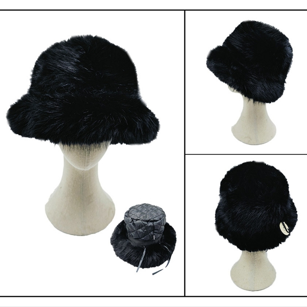 Black Winter Fluffy Fur Bucket Hat Trendy Fashion Accessory